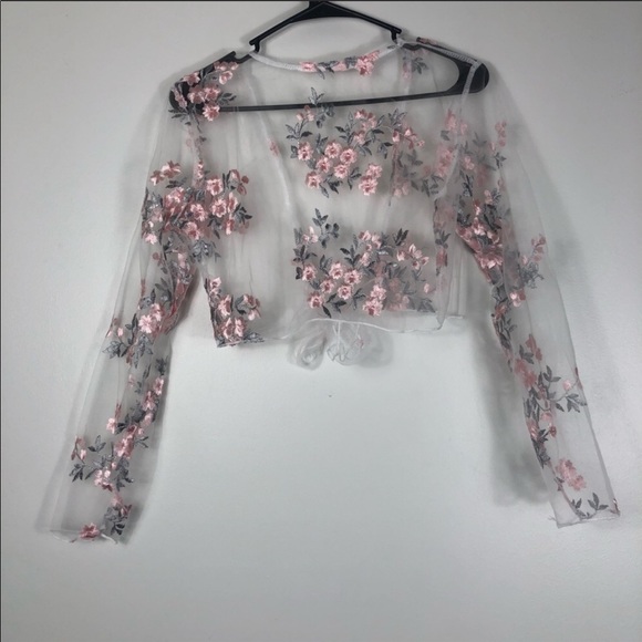 NWT Floral Embroidered Crop Mesh Top - Picture 8 of 10